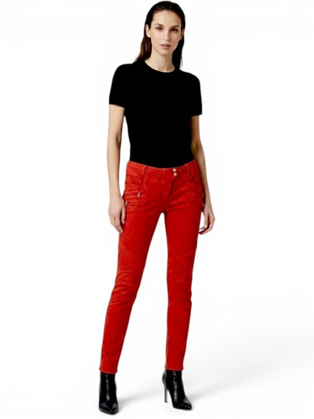 Balmain Paris Red Moto Biker Skinny Jeans Quilted Zipper Pockets Stretch 46 14